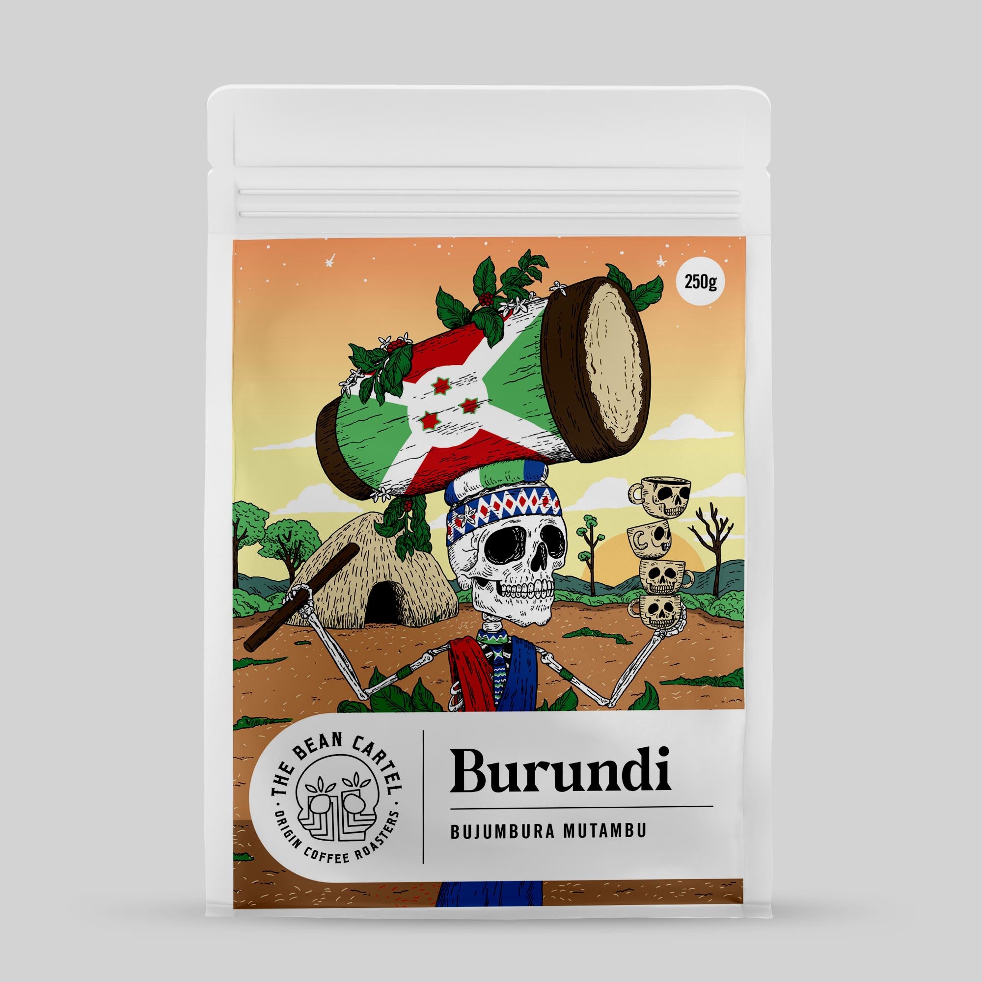 Single Origin Coffee Beans packaging with a skull illustration and Burundi label on a white background The Bean Cartel
