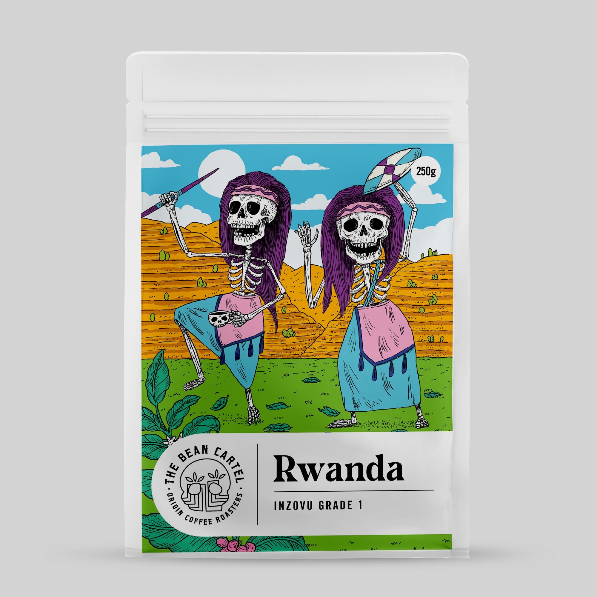 Single Origin Coffee package with skeleton design and 'Rwanda' label on a white background by The Bean Cartel