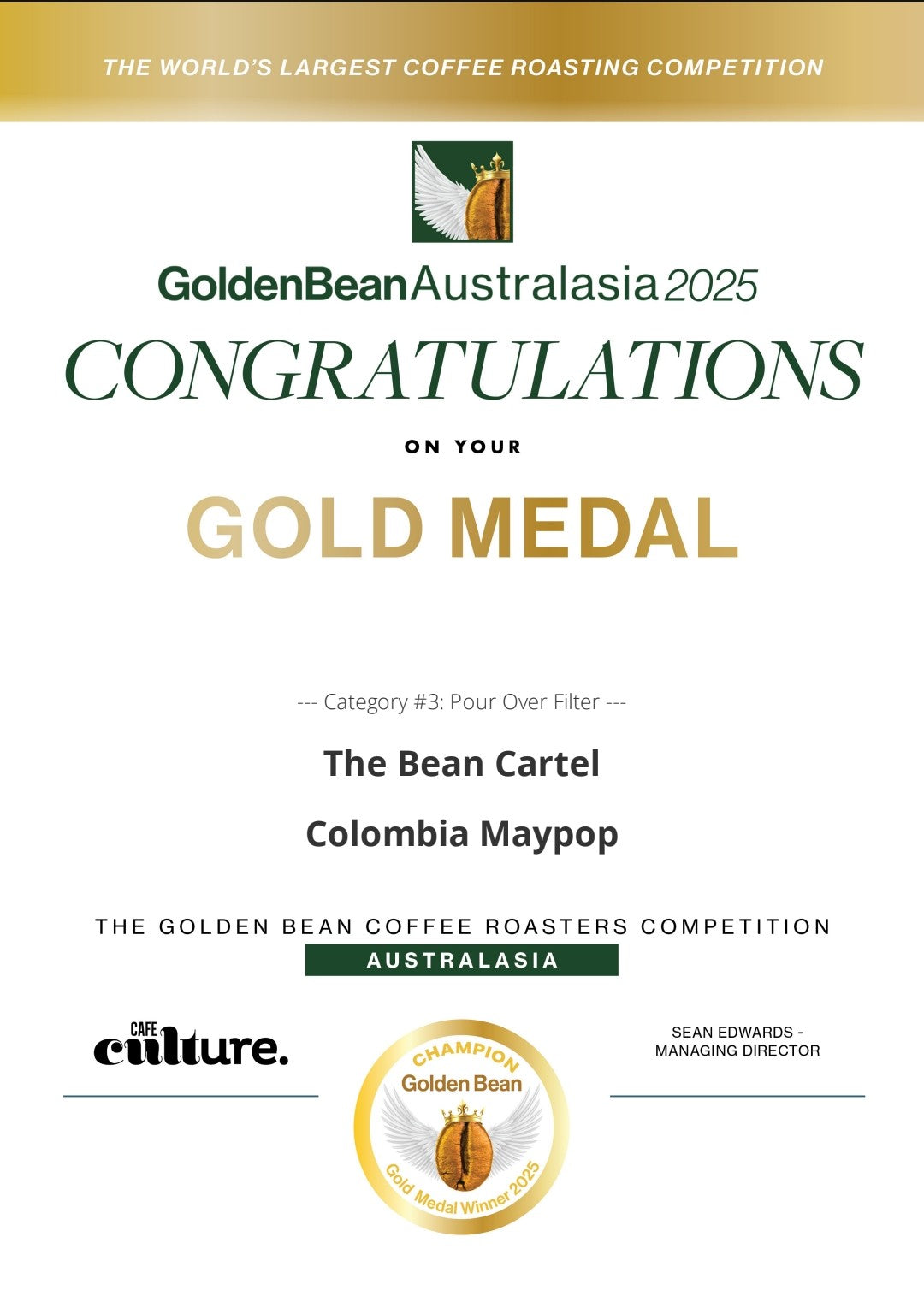 The Bean Cartel wins gold at Golden Bean Awards for their Colombia Maypop Pour Over FIlter Coffee