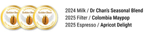 Three coffee bean graphics with 'Golden Bean' branding and text about coffee types and years for The Bean Cartel
