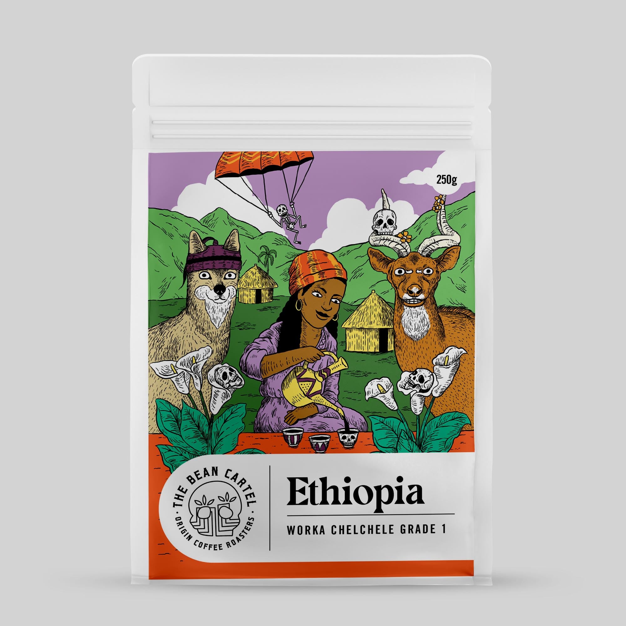 Single Origin Coffee package with cartoon characters and &#39;Ethiopia&#39; branding on a white background from The Bean Cartel 