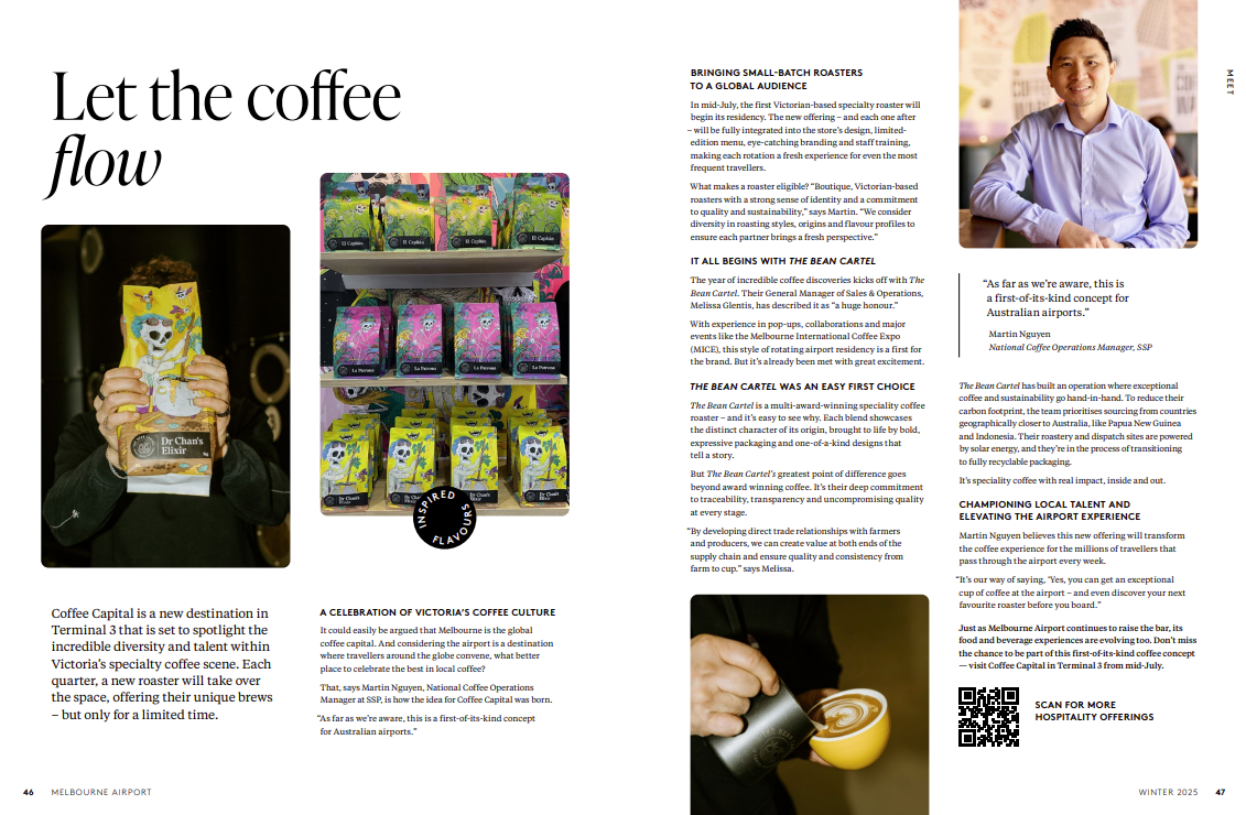 Magazine spread featuring The Bean Cartel, first roaster at Coffee Capital Melbourne Airport.
